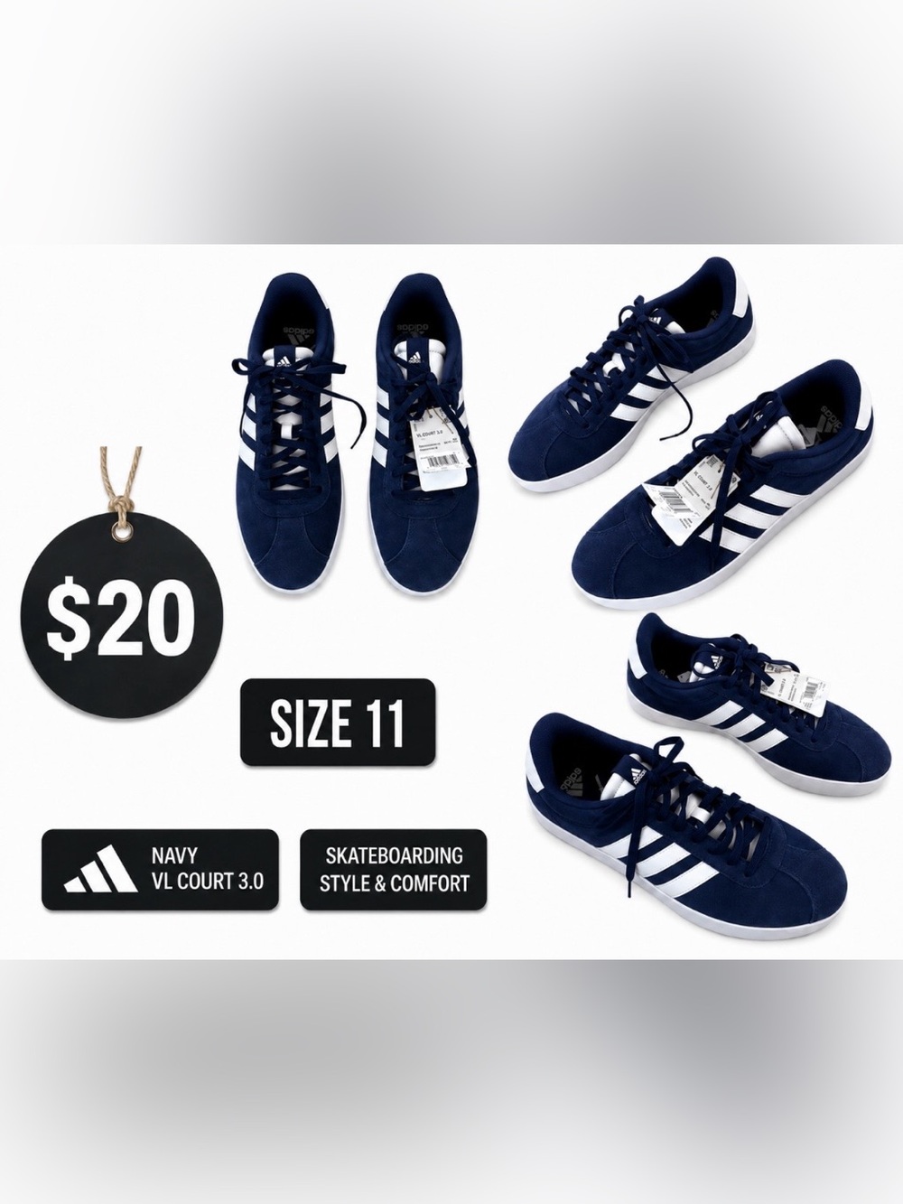 Brand New adidas VL Court 3.0 Navy and White Men's Size 11 Sneakers